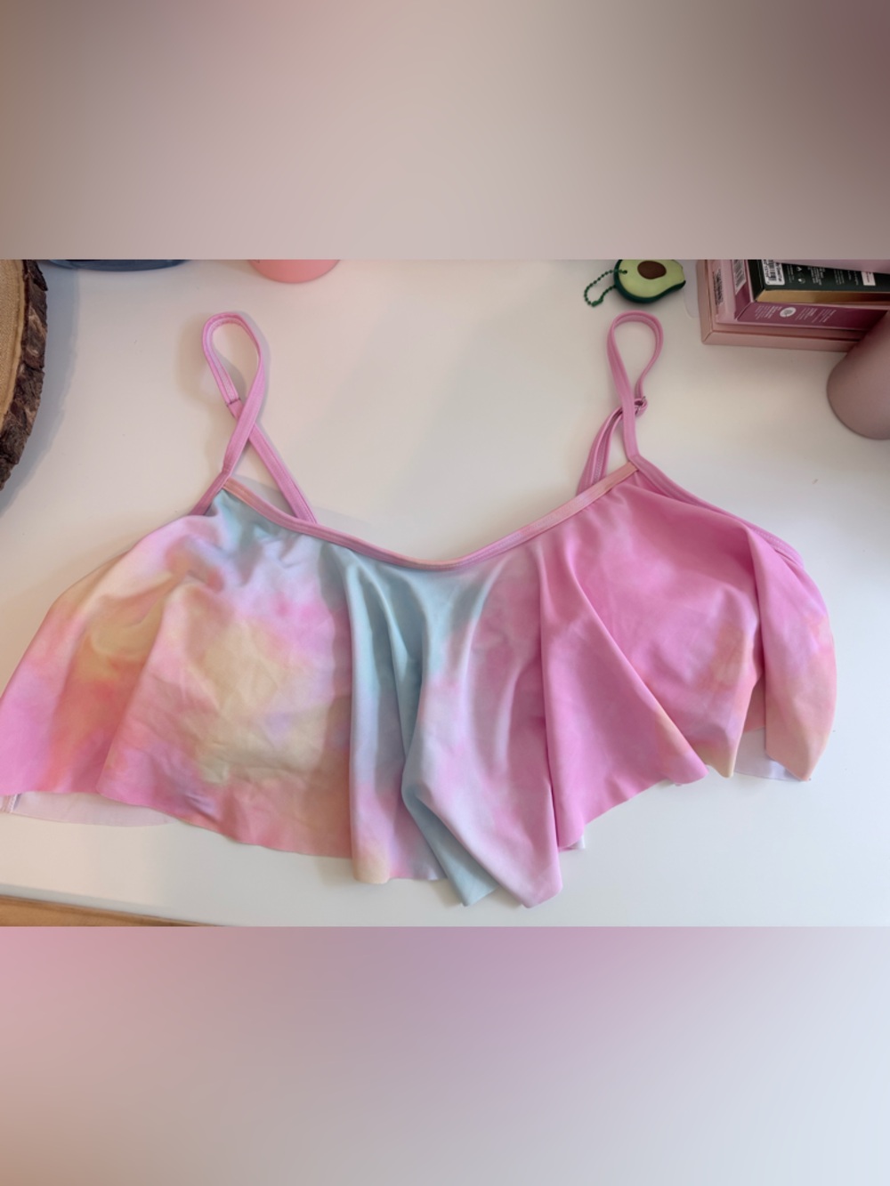🐣5/$25-SHEIN Pastel Pink Blue Yellow Tie-Dye Ruffle Bikini Top